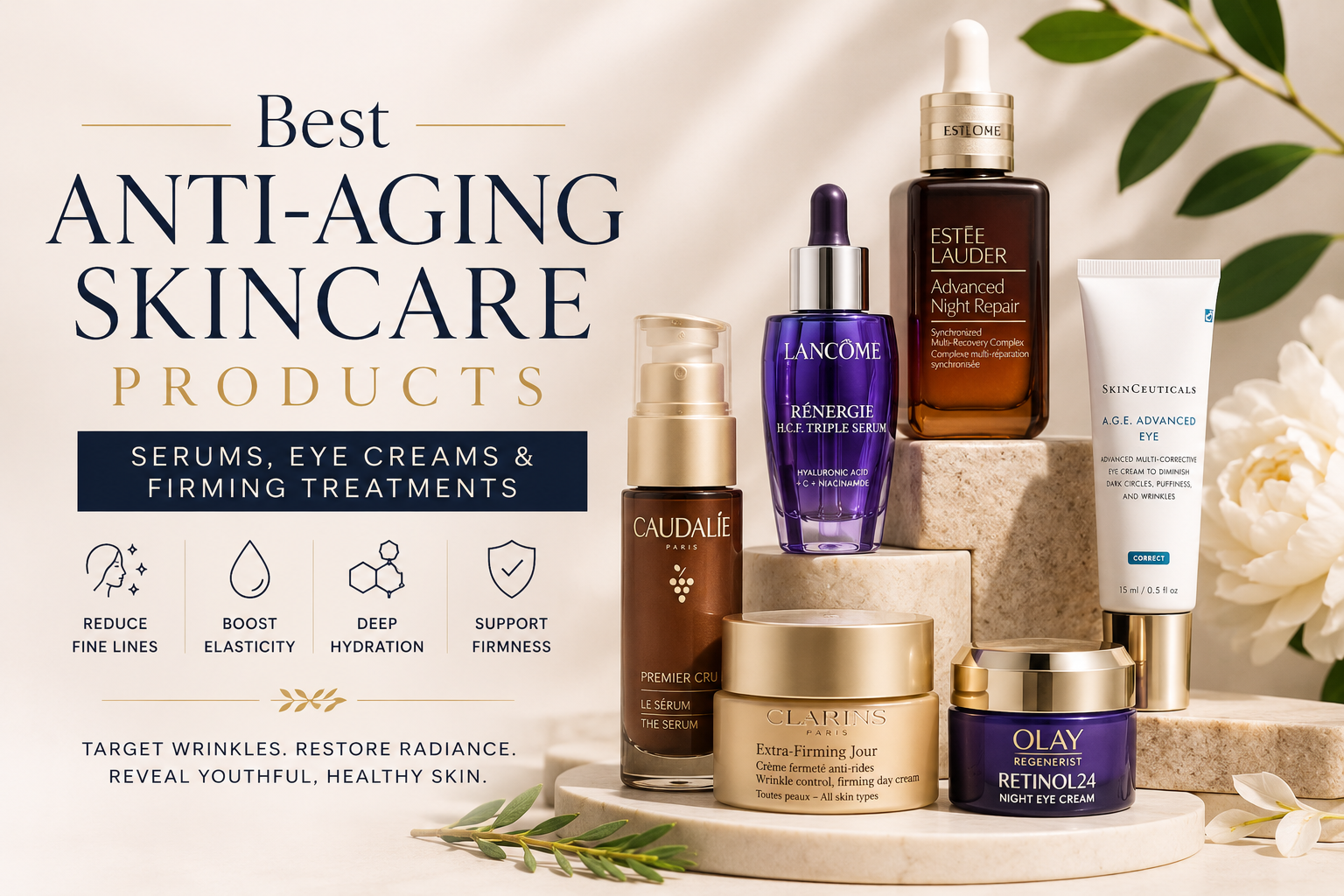 Anti-aging skincare products with serums, eye creams and firming treatments