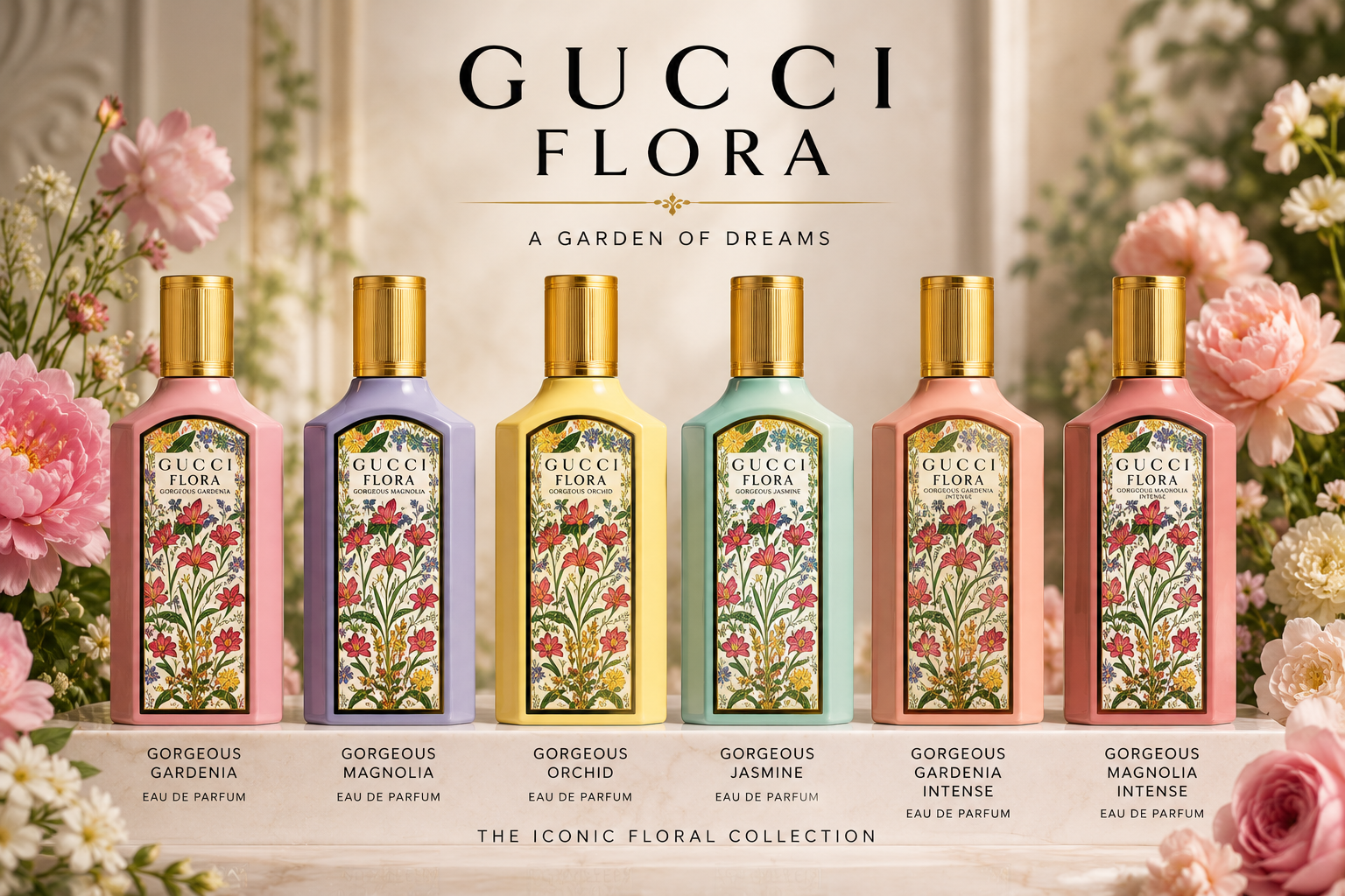 ALT: Luxury Gucci Flora perfume collection banner featuring Gorgeous Gardenia, Magnolia, Jasmine, and floral fragrances