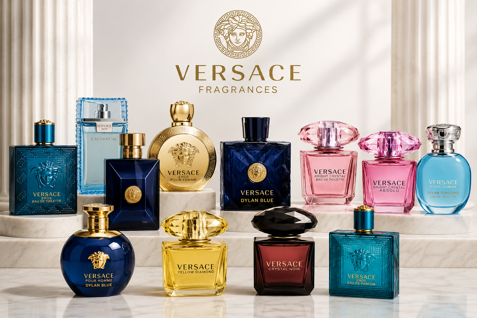 ALT: Luxury Versace perfume collection banner featuring Eros, Dylan Blue, Bright Crystal, Crystal Noir, and iconic fragrances