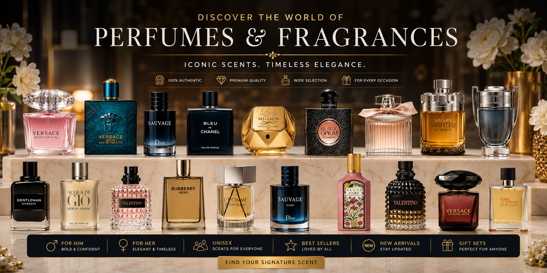 ALT: Luxury perfumes and fragrances collection banner featuring iconic designer scents for men, women, unisex, best sellers, and gift sets