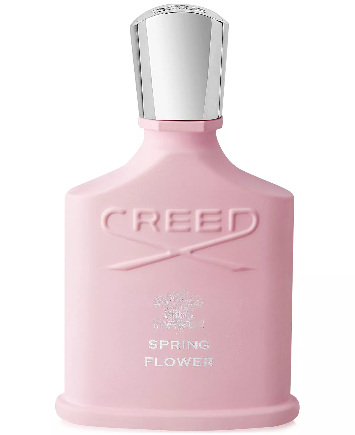 Pink Creed perfume bottle with silver cap on a white background