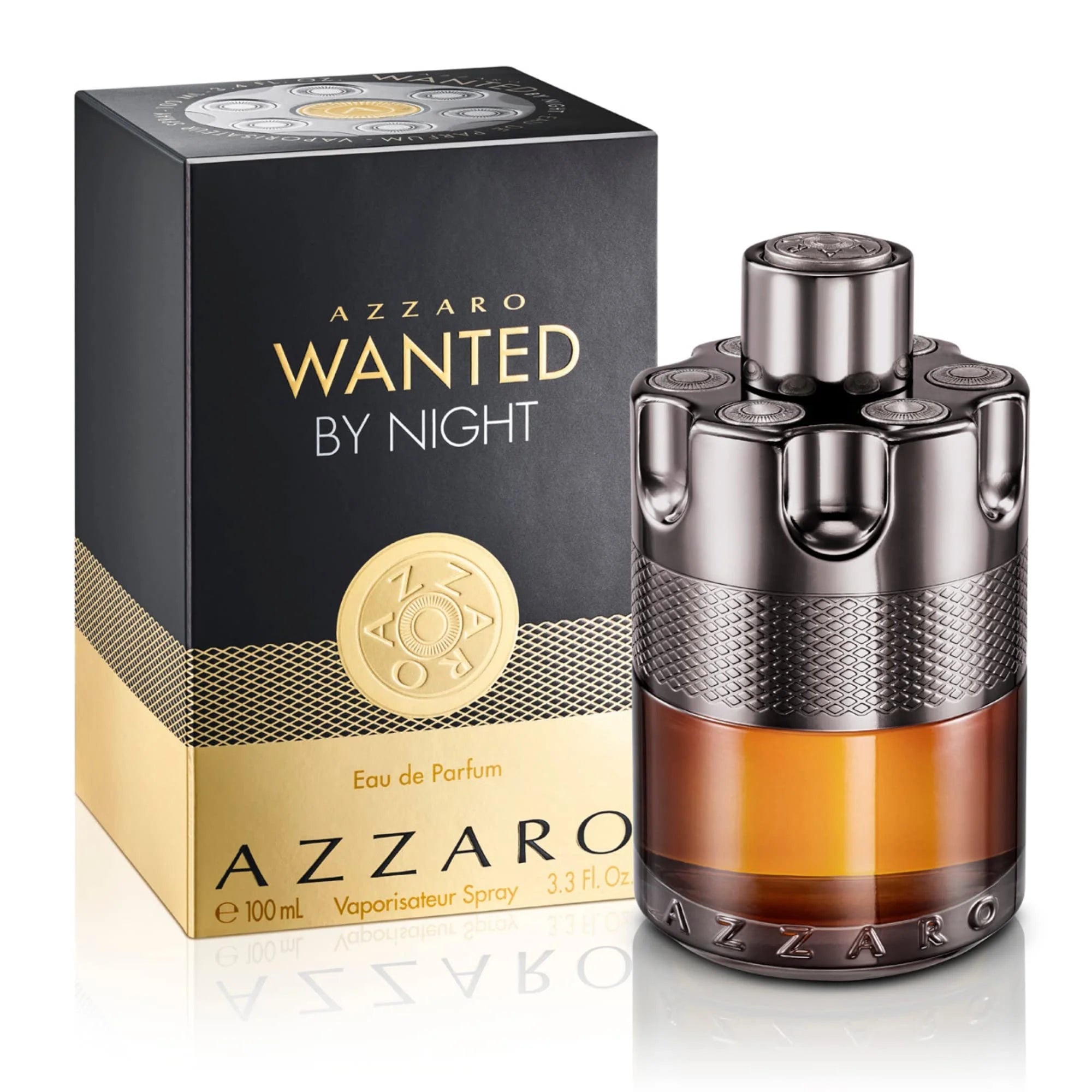 Azzaro Wanted by Night perfume bottle and packaging on a white background