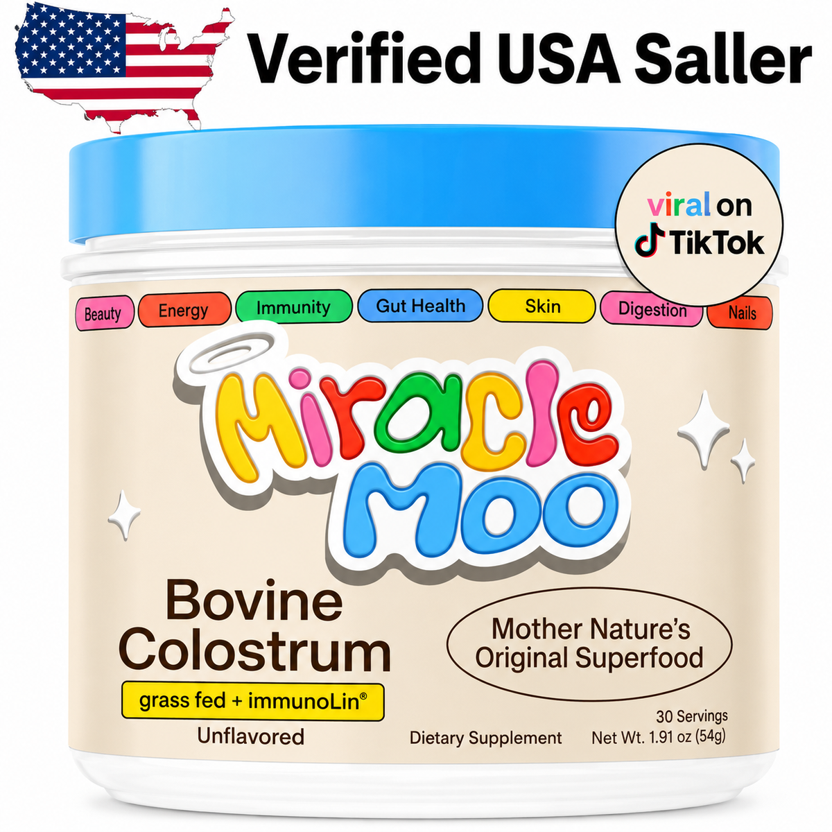 Miracle Moo Unflavored Bovine Colostrum, 30 Servings