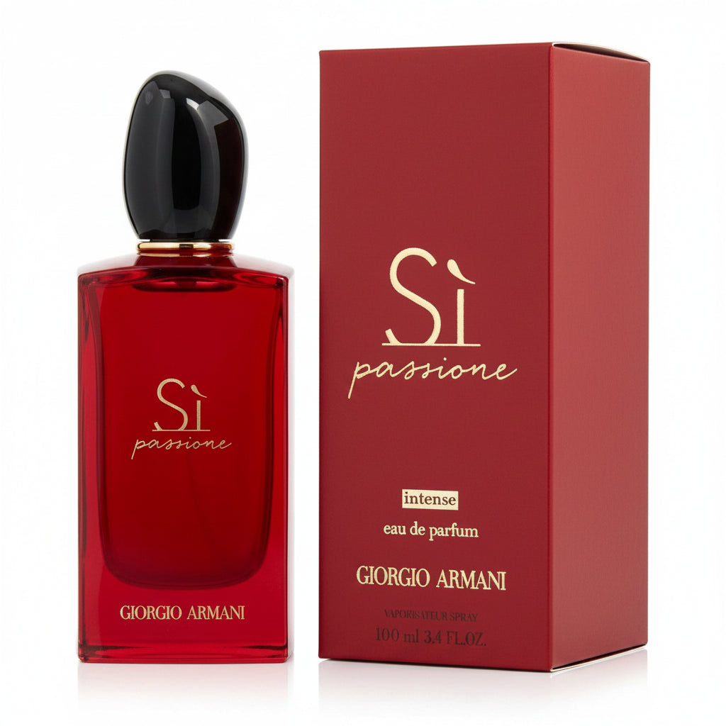 Red Giorgio Armani Si Passione perfume bottle and packaging on a white background