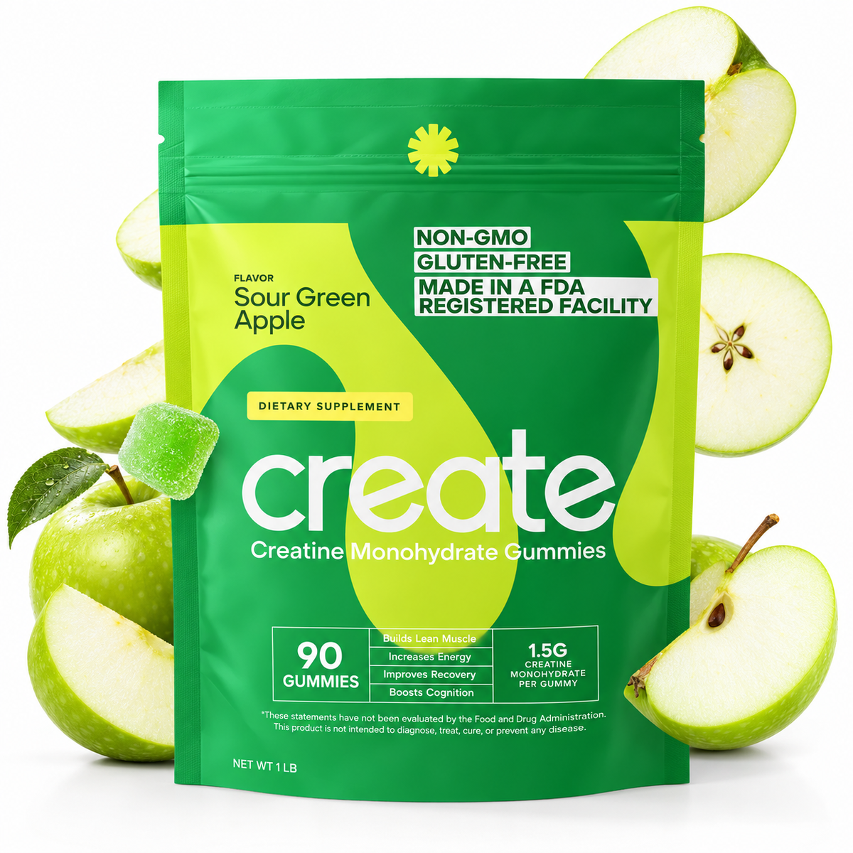 Create Creatine Gummies, Sour Green Apple, 90 Count