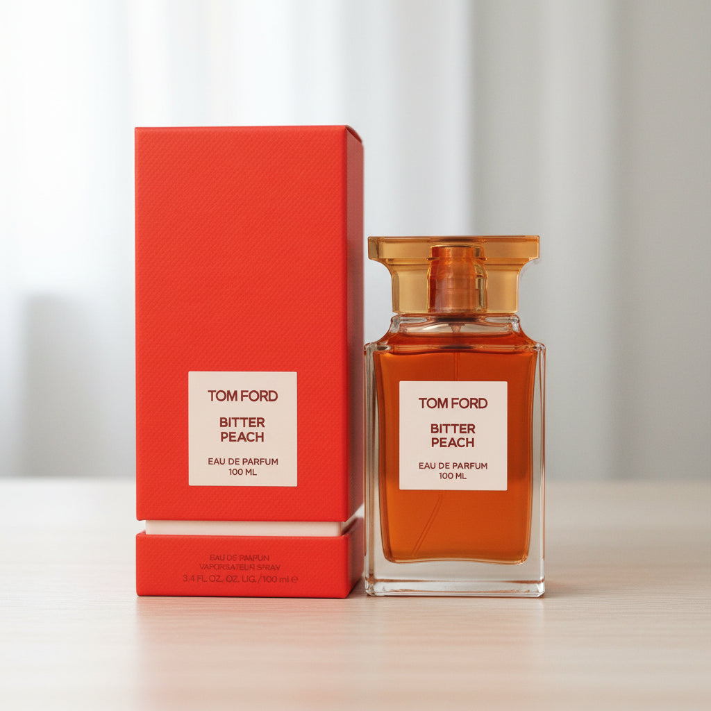 Tom Ford Bitter Peach eau de parfum bottle and packaging on a white background