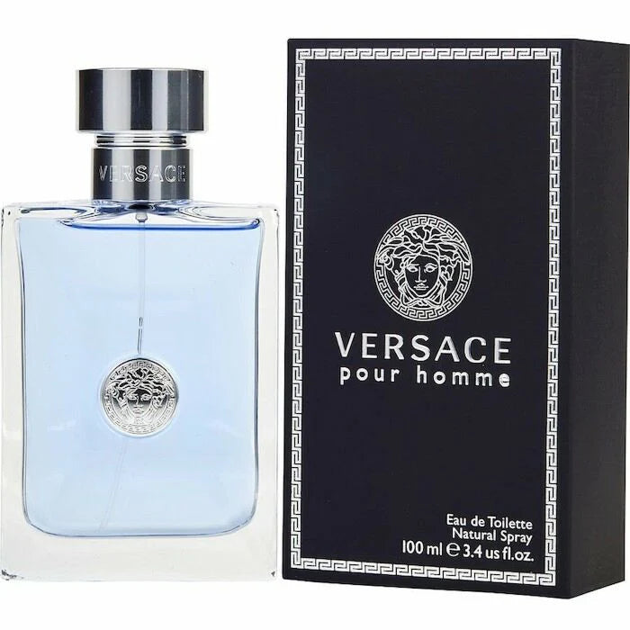 Versace pour homme perfume bottle and packaging on a white background