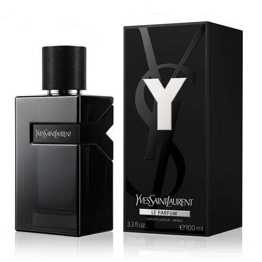 Black YSL perfume bottle and packaging on a white background