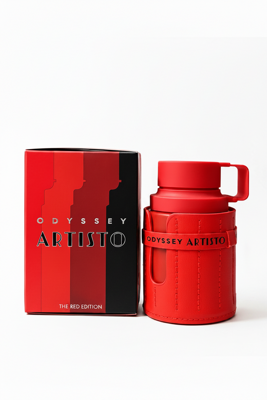 Red Odyssey Artisto mug and packaging on a gray background