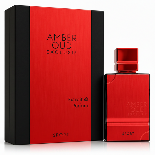 Red and black Amber Oud Exclusif perfume bottle and packaging on a white background