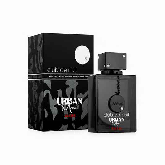 Black Armaf perfume bottle and packaging with 'club de nuit Urban Man Elixir' text on a white background