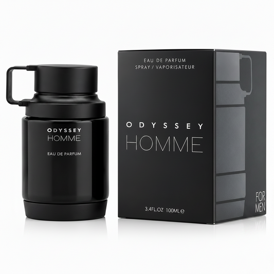 Black Odyssey Homme perfume bottle and packaging on a white background