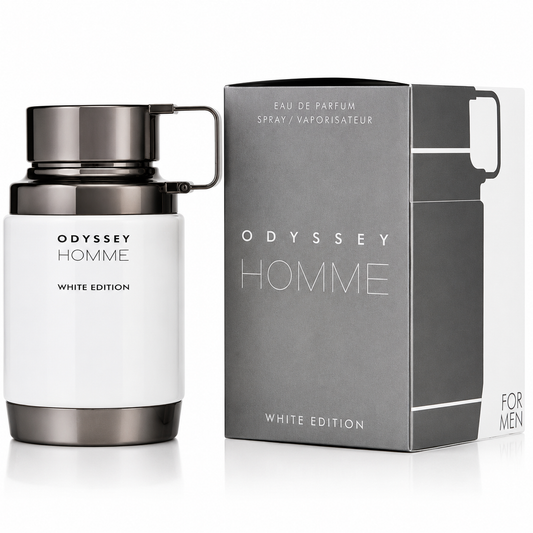 Odyssey Homme White Edition perfume bottle and packaging on a white background