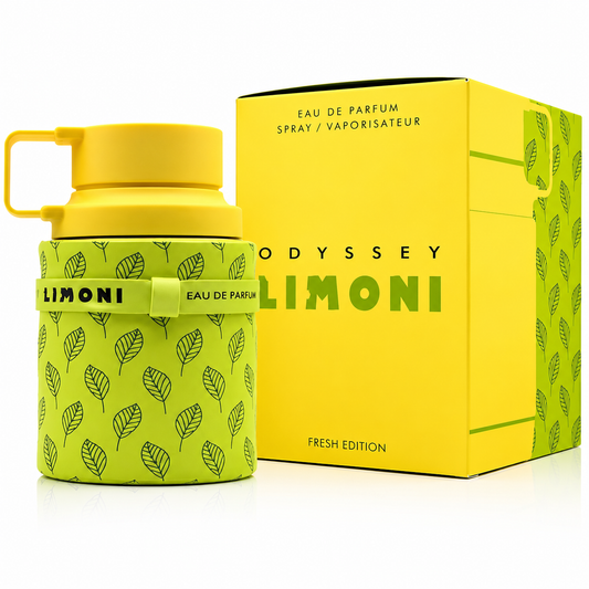 Yellow perfume bottle with leaf pattern and matching box labeled 'Odyssey Limoni' on a white background