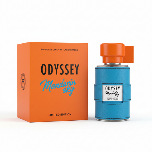 Odyssey Mandarin Sky perfume bottle and packaging on a white background