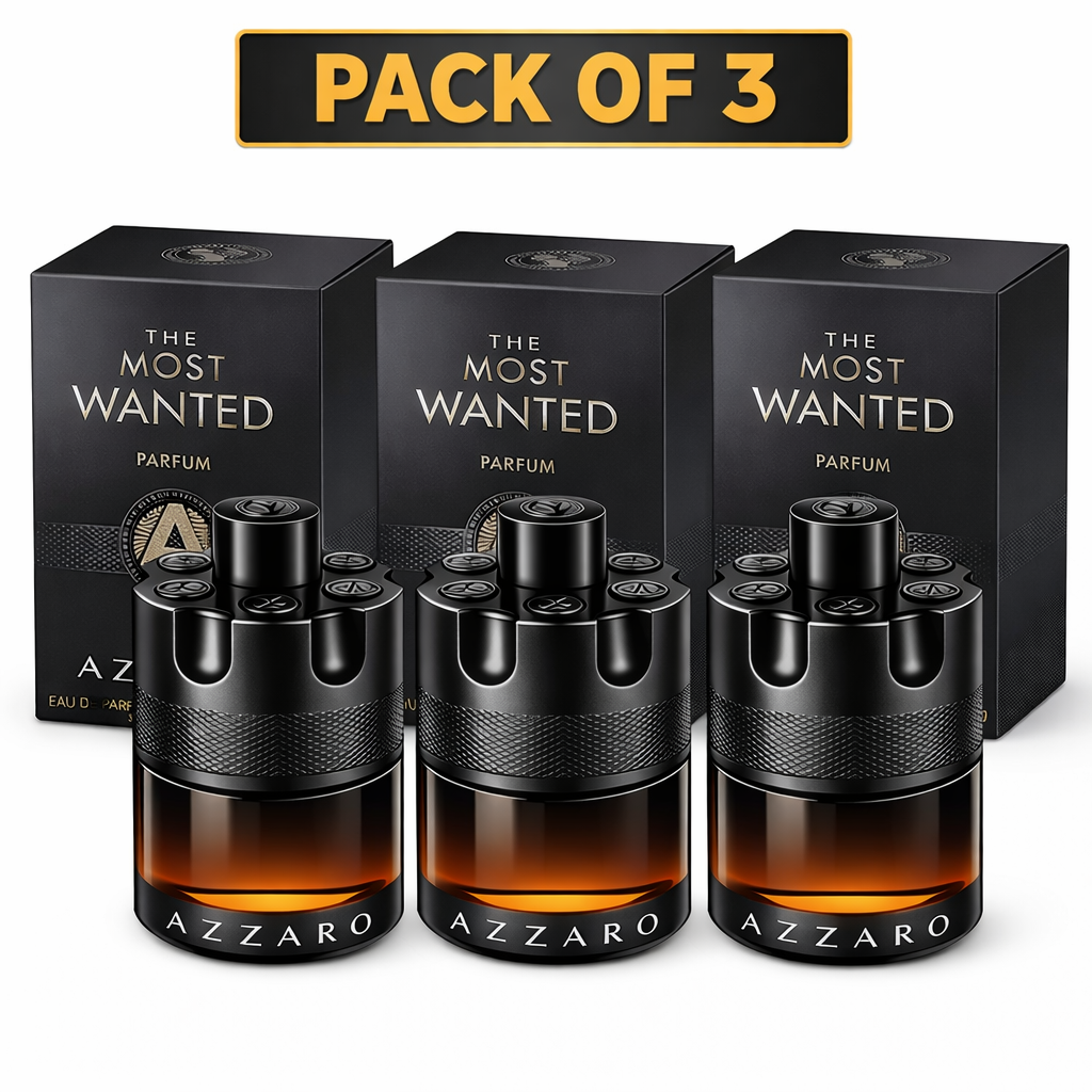 Pack of three Azzaro The Most Wanted parfums with black boxes on a white background