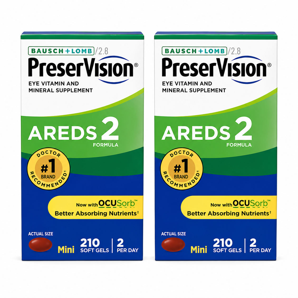 Two boxes of Bausch & Lomb PreserVision AREDS 2 eye vitamin supplement on a white background.