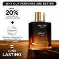 Bella Vita Luxury G.O.A.T. Man perfume bottle with promotional text on a dark background