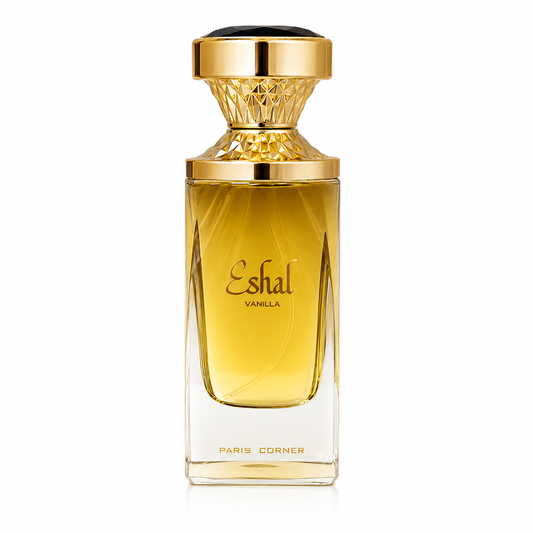 Perfume bottle labeled 'Eshal Vanilla' with a gold cap on a white background