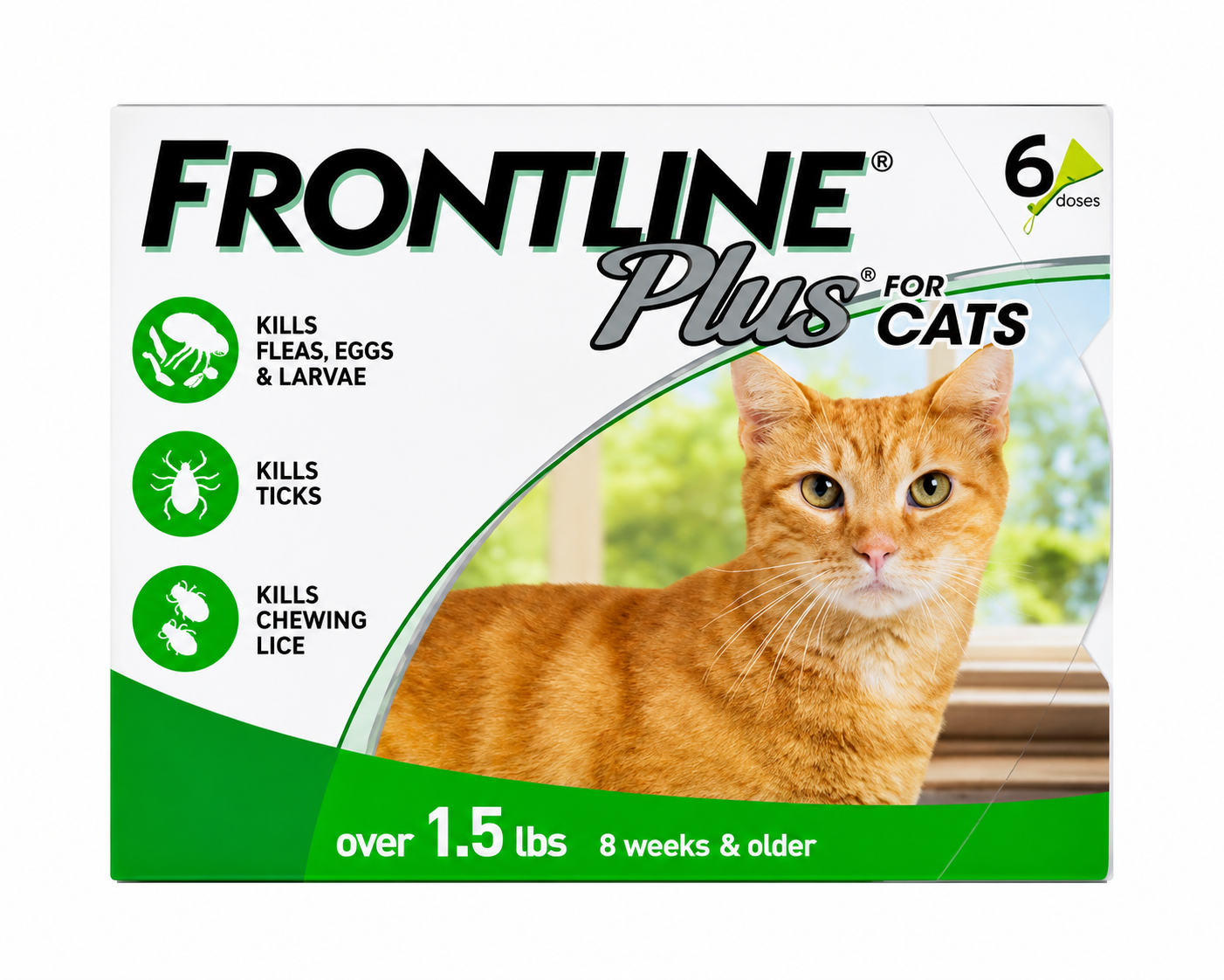 Frontline Plus for cats packaging with a cat illustration on a white background