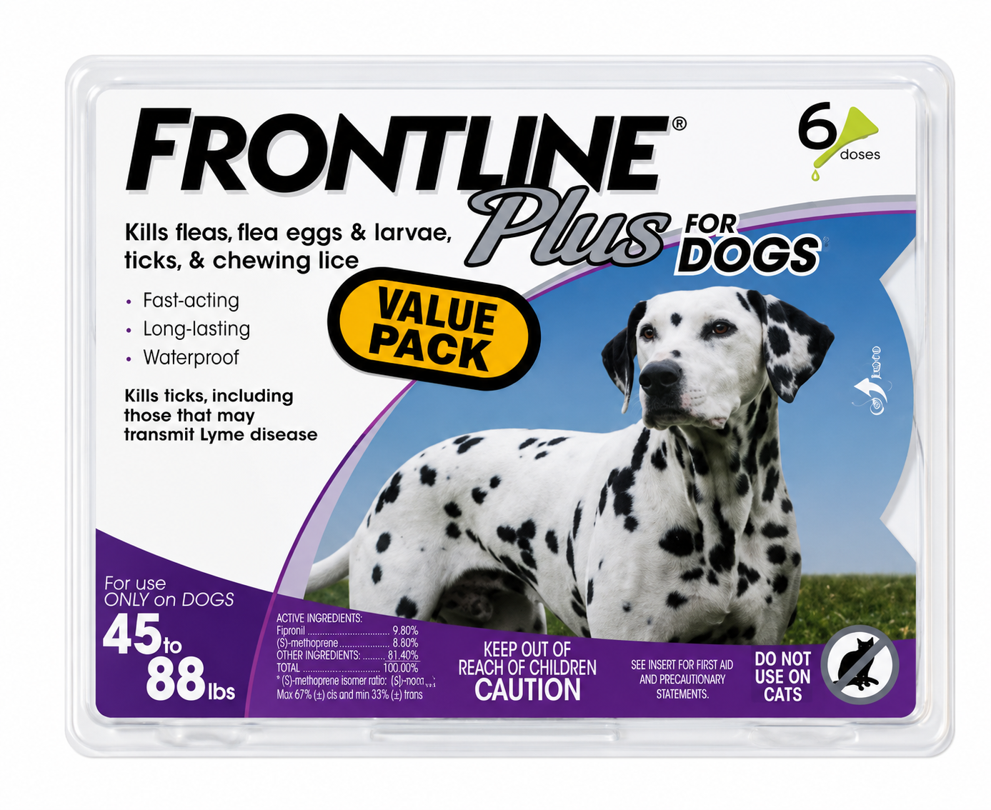 Frontline Plus for dogs packaging with a Dalmatian dog on it