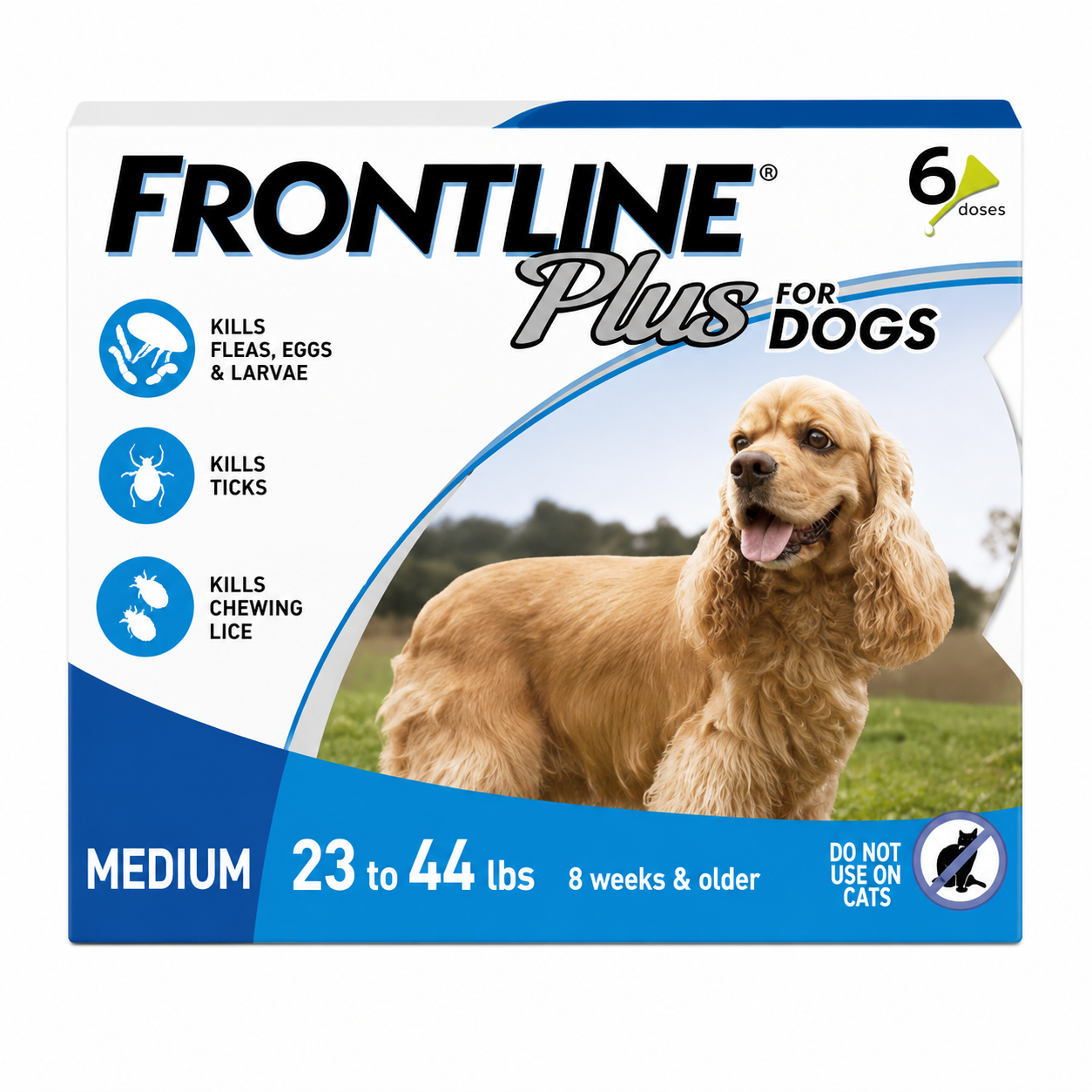 Frontline Plus for dogs packaging with a medium-sized dog on a white background