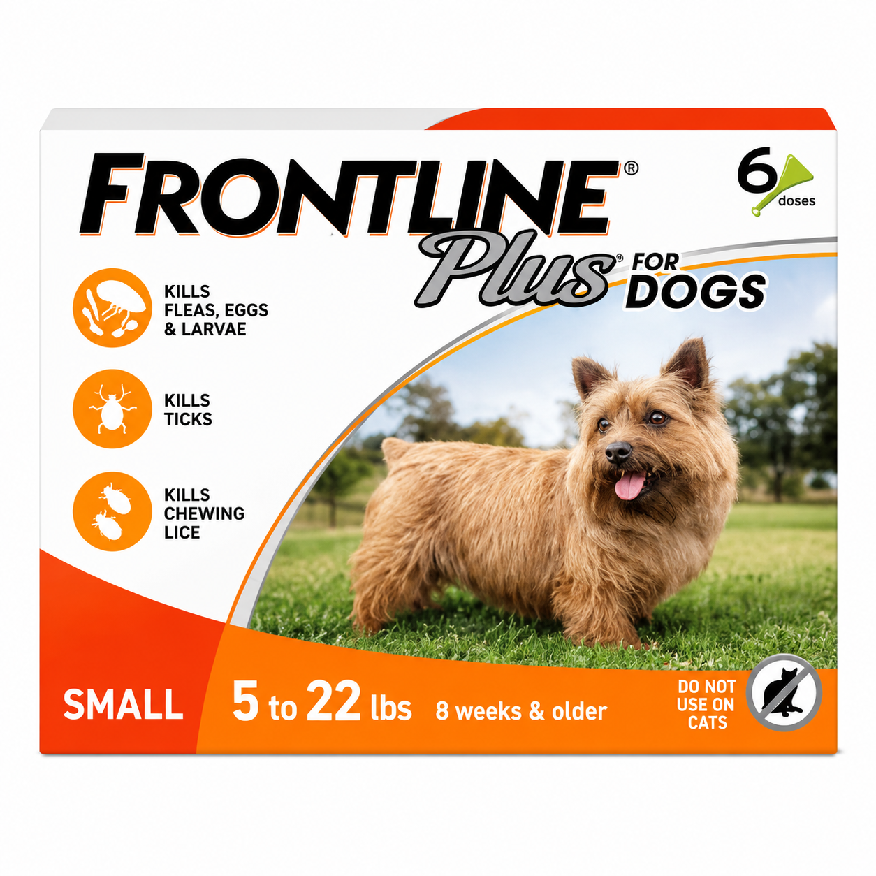Frontline Plus for dogs packaging with a small dog on a grassy background