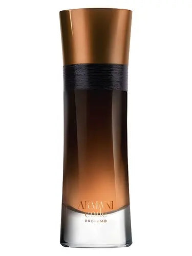 Perfume bottle with gold cap and gradient brown design on a white background
