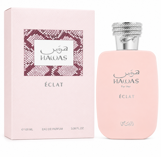 Hawas Eclat perfume bottle and packaging on a white background