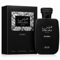 Black perfume bottle and packaging of Hawas Kobra on a white background