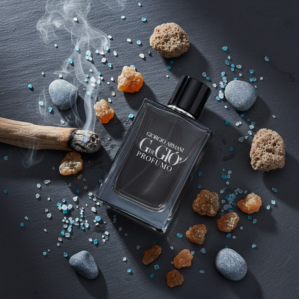Giorgio Armani Acqua di Gio Profumo bottle with incense frankincense and sea minerals on dark slate