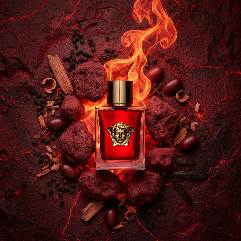 Versace Eros Flame EDP bottle with black pepper rosewood and tonka bean on deep red volcanic stone