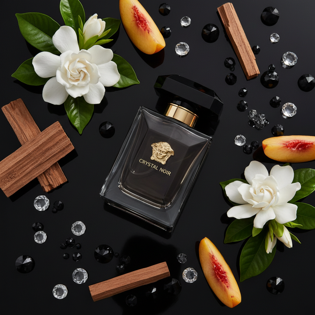 Versace Crystal Noir EDP bottle with gardenia peach and sandalwood on black onyx with scattered crystals