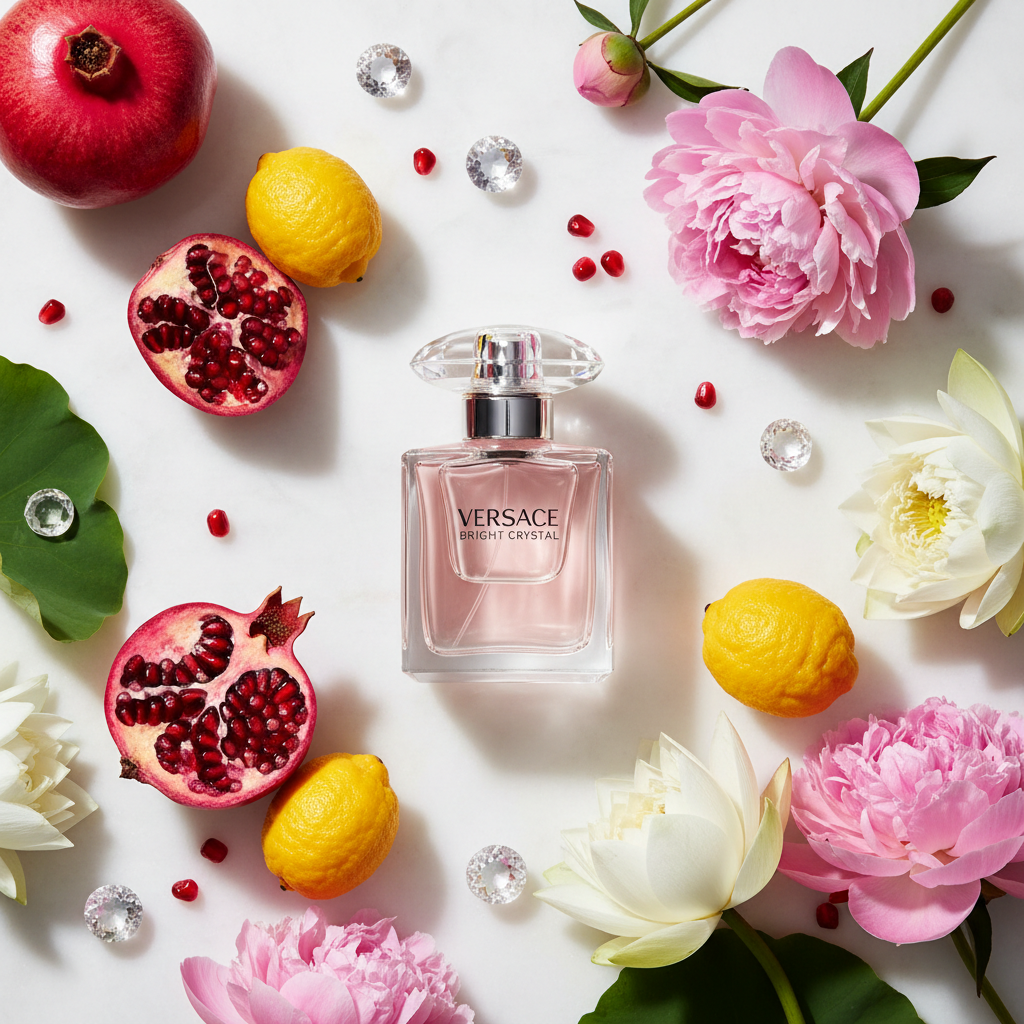 Versace Bright Crystal EDT bottle with pomegranate yuzu peony and lotus on white alabaster with crystal gems