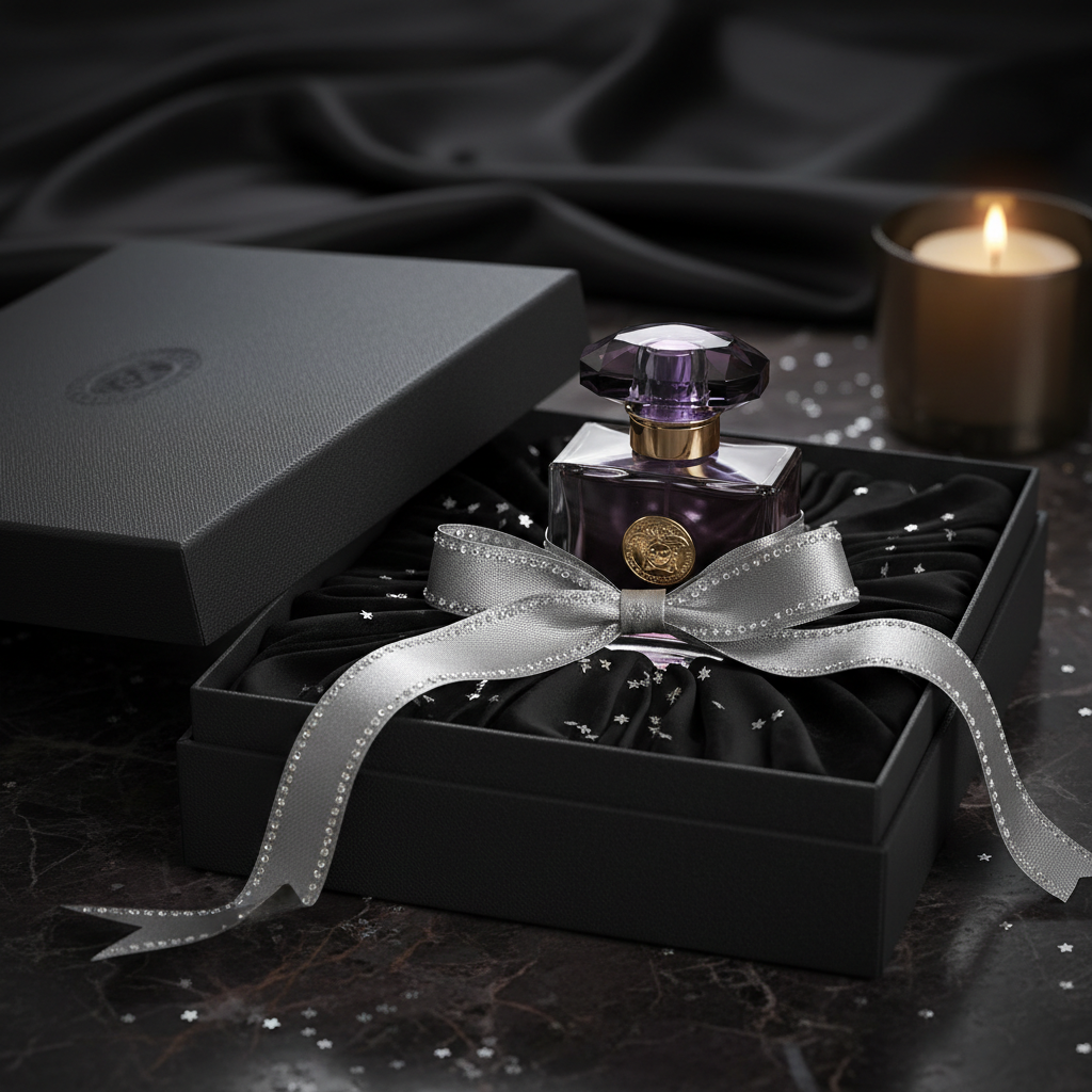 Versace Crystal Noir EDP bottle in open luxury gift box with black velvet tissue and silver crystal ribbon