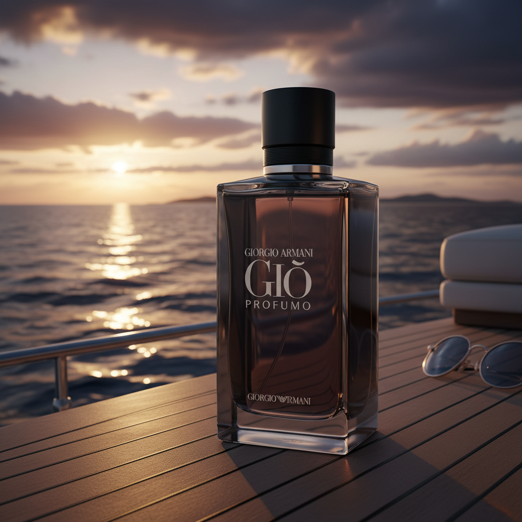 Giorgio Armani Acqua di Gio Profumo bottle on luxury yacht deck with ocean horizon at sunset