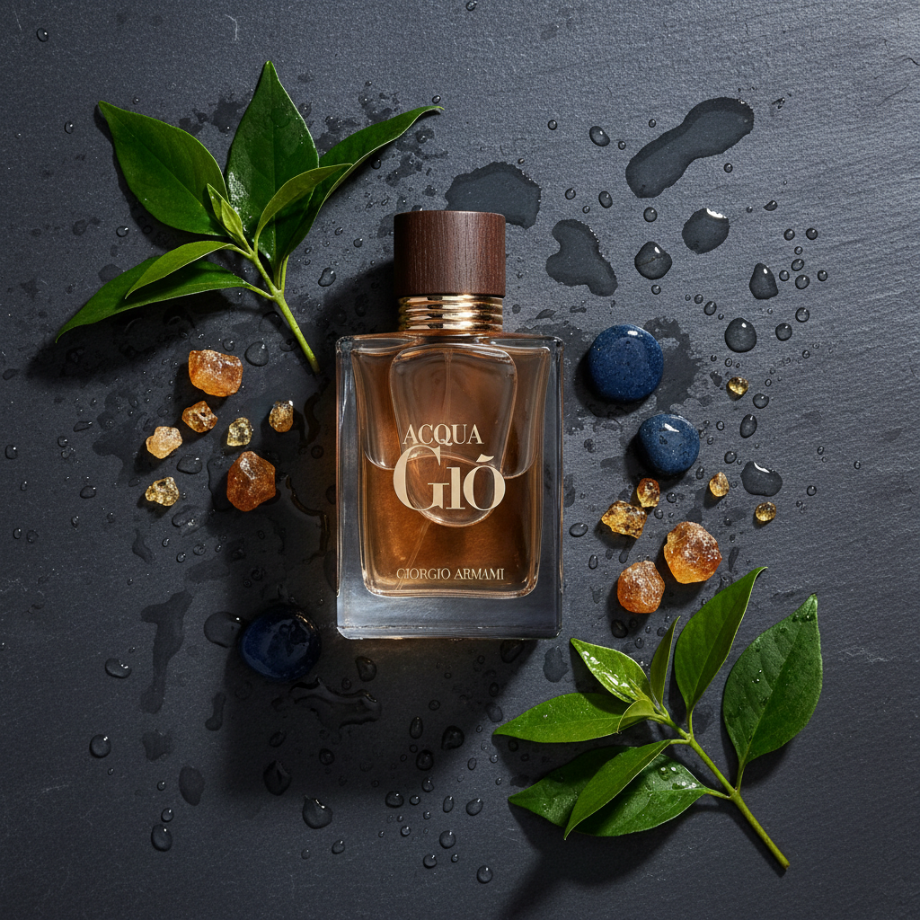Giorgio Armani Acqua di Gio Profondo bottle with patchouli marine notes and amber on dark stone