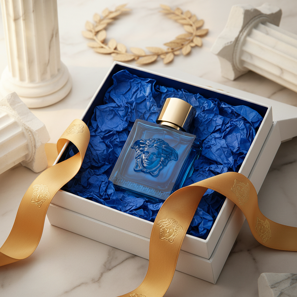 Versace Eros EDP bottle in open luxury gift box with electric blue tissue and gold Medusa ribbon