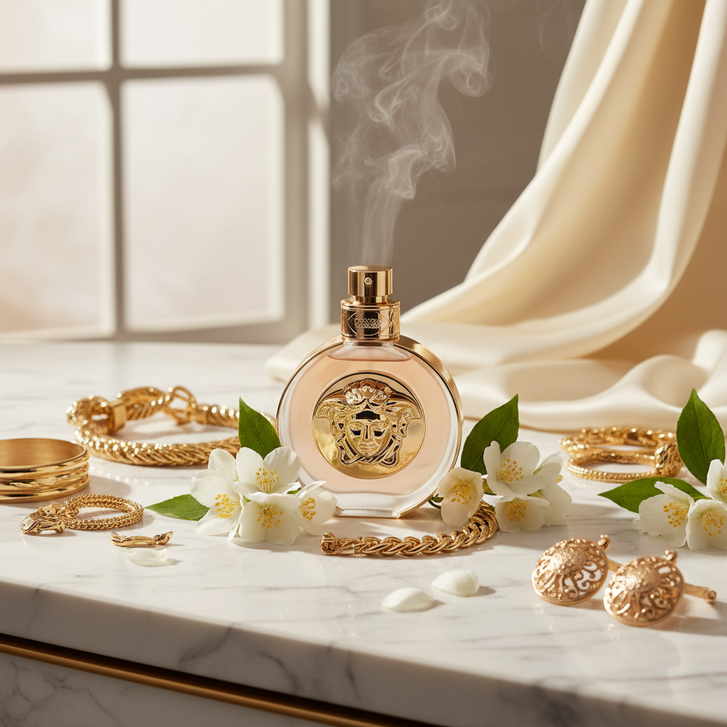 Versace Bright Crystal EDT bottle on white marble vanity with fresh jasmine flowers and gold jewelry