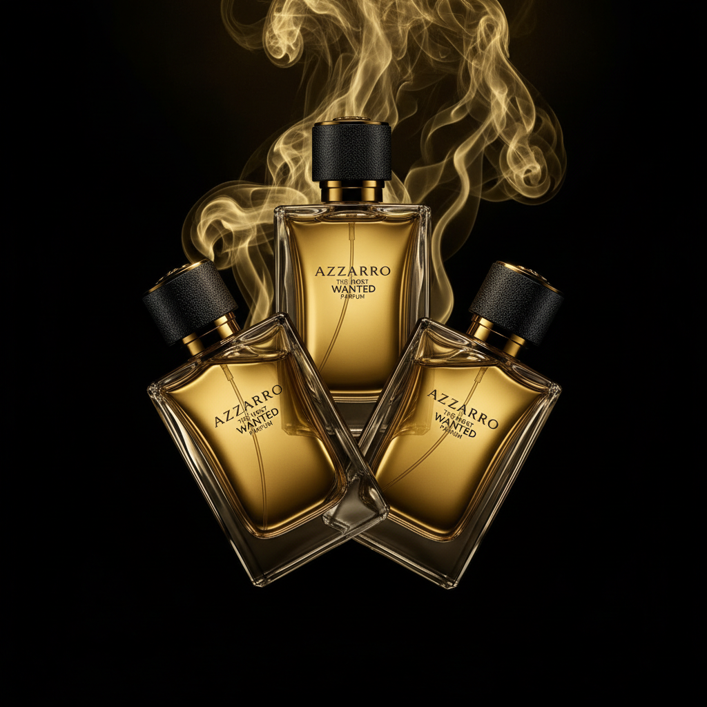 Azzaro The Most Wanted Parfum EDP Pack of 3, three gold bottles on black background