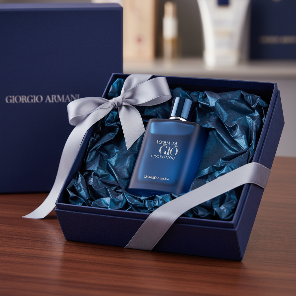 Giorgio Armani Acqua di Gio Profondo bottle in open luxury gift box with ocean blue tissue and silver ribbon