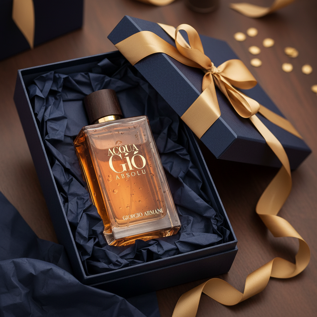 Giorgio Armani Acqua di Gio Absolu 3.4oz bottle on luxury yacht deck at dramatic sunset