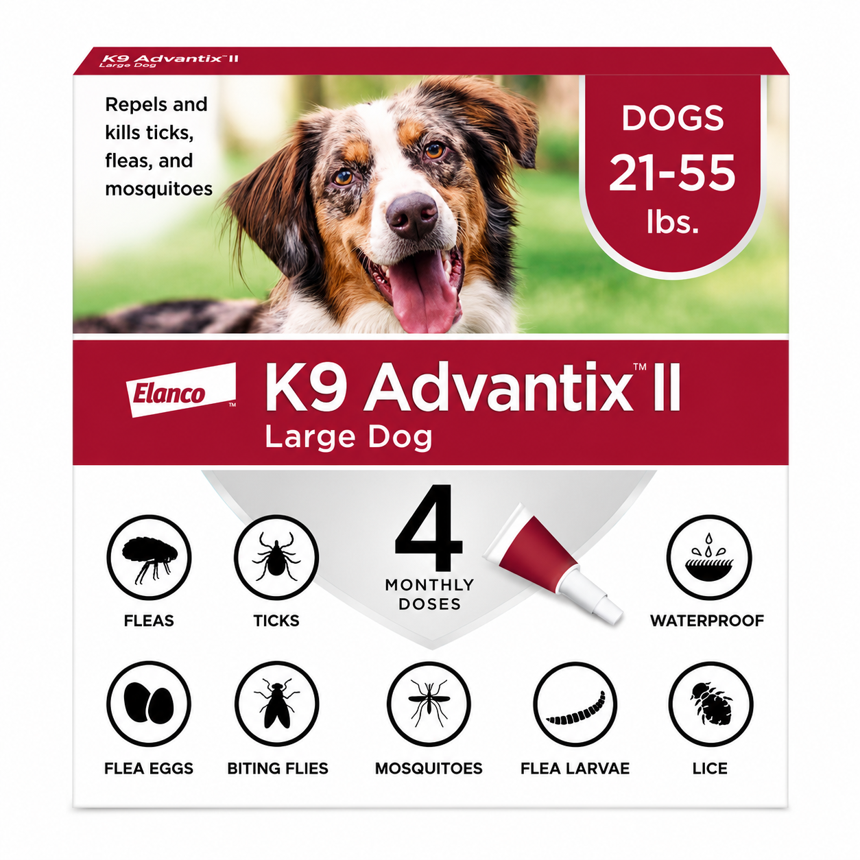 K9 Advantix II packaging for large dogs with a dog's face on the box.