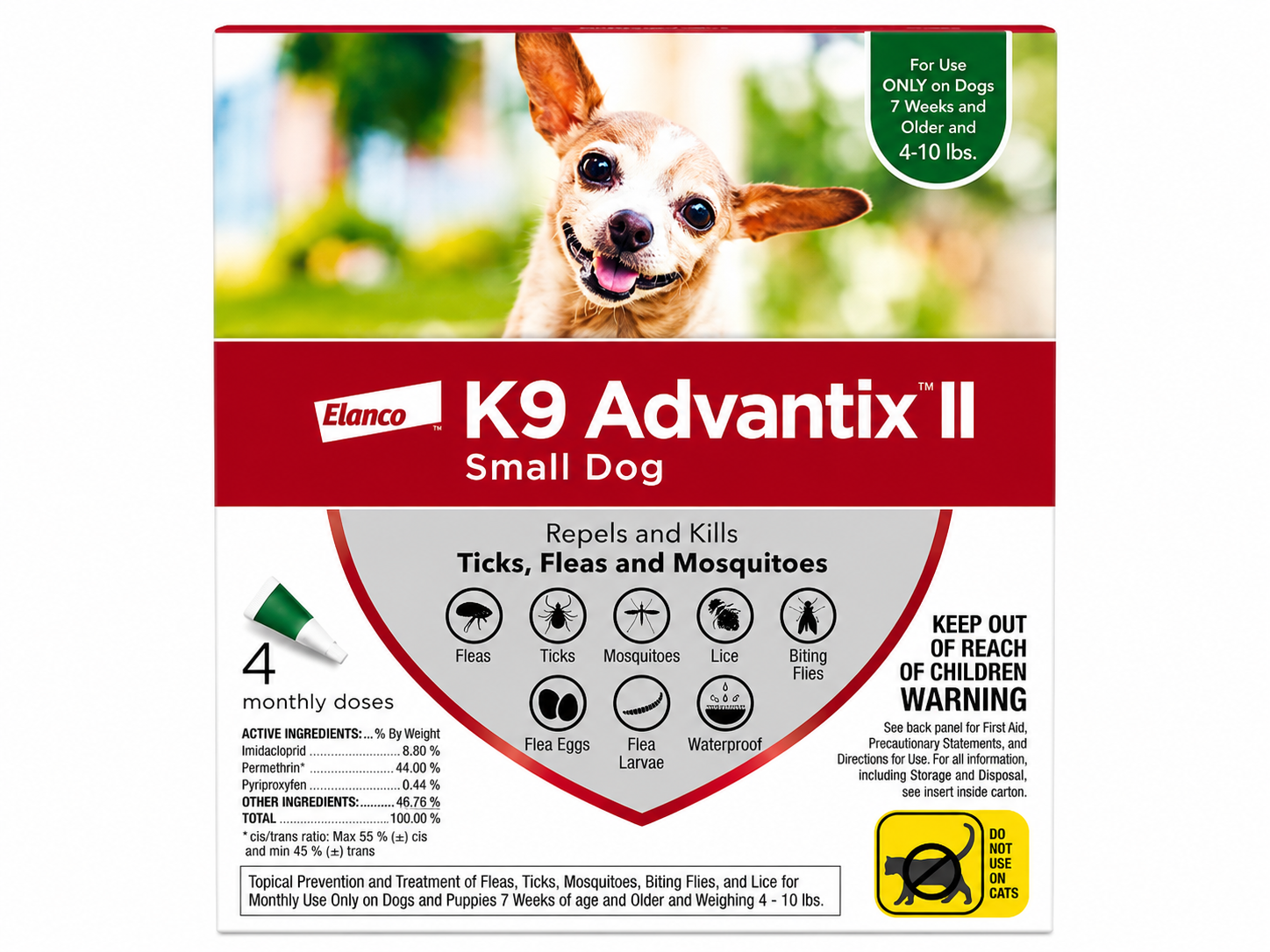 K9 Advantix II packaging for small dogs with a dog's face on the label.