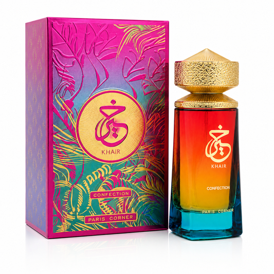 Perfume bottle and packaging with 'Khair' branding on a white background