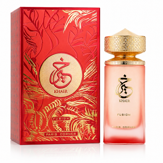 Perfume bottle and packaging with 'KHAIR' branding on a white background