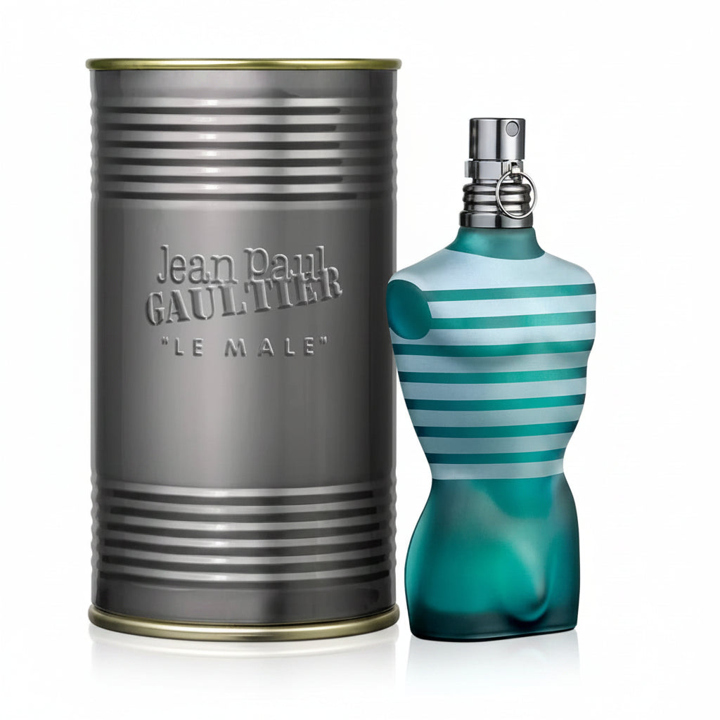 Jean Paul Gaultier Le Male perfume bottle and packaging on a white background