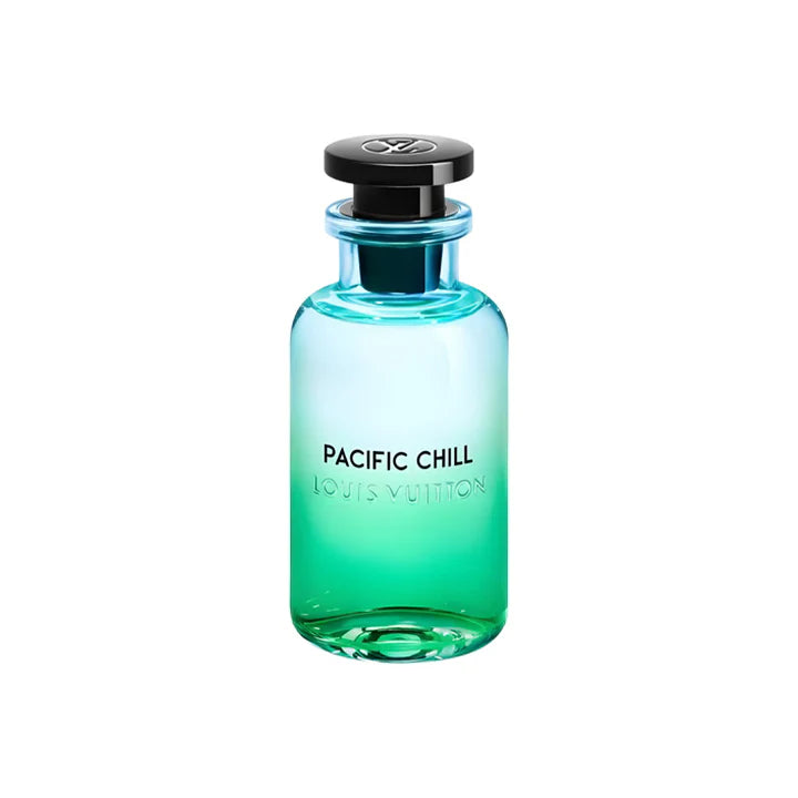Perfume bottle labeled 'Pacific Chill' by Louis Vuitton on a white background