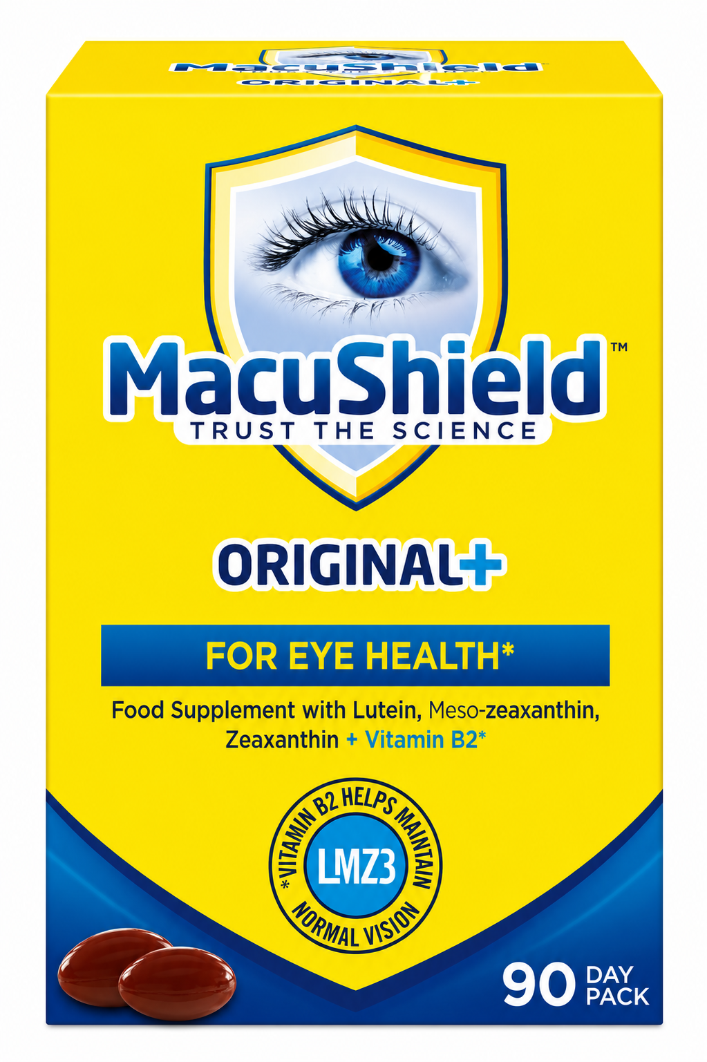 MacuShield eye health supplement packaging with blue and yellow design.