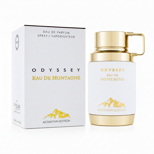 Odyssey Eau De Montagne perfume bottle and packaging on a white background